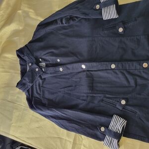 Karen Scott Blue Varsity Jacket with Striped Cuffs